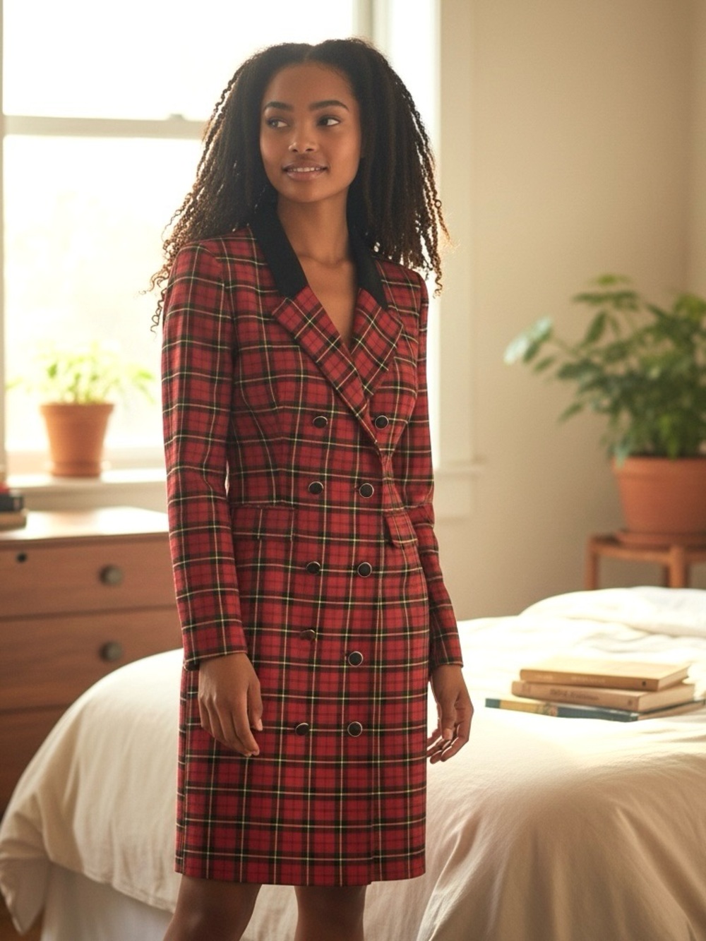 Red Plaid Double-Breasted Women’s Dress